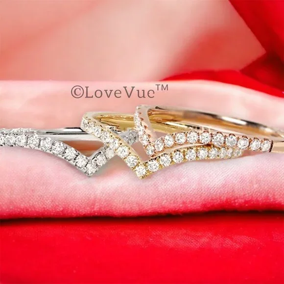 1mm Diamond Brilliant Cut Dainty Chevron Wedding Engagement Gold Band Ring - Picture 4 of 17